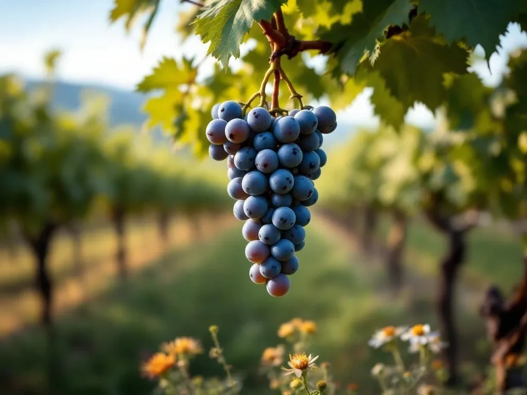 Grappe de raisins noirs dans un vignoble de terroir au coucher du soleil
